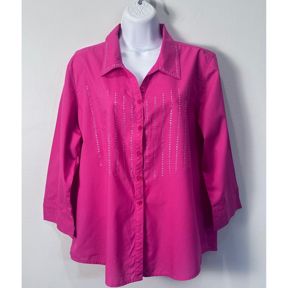 LASOLAS Women's Pink Rhinestone‎ Button Down Shirt Blouse Western Top Size L